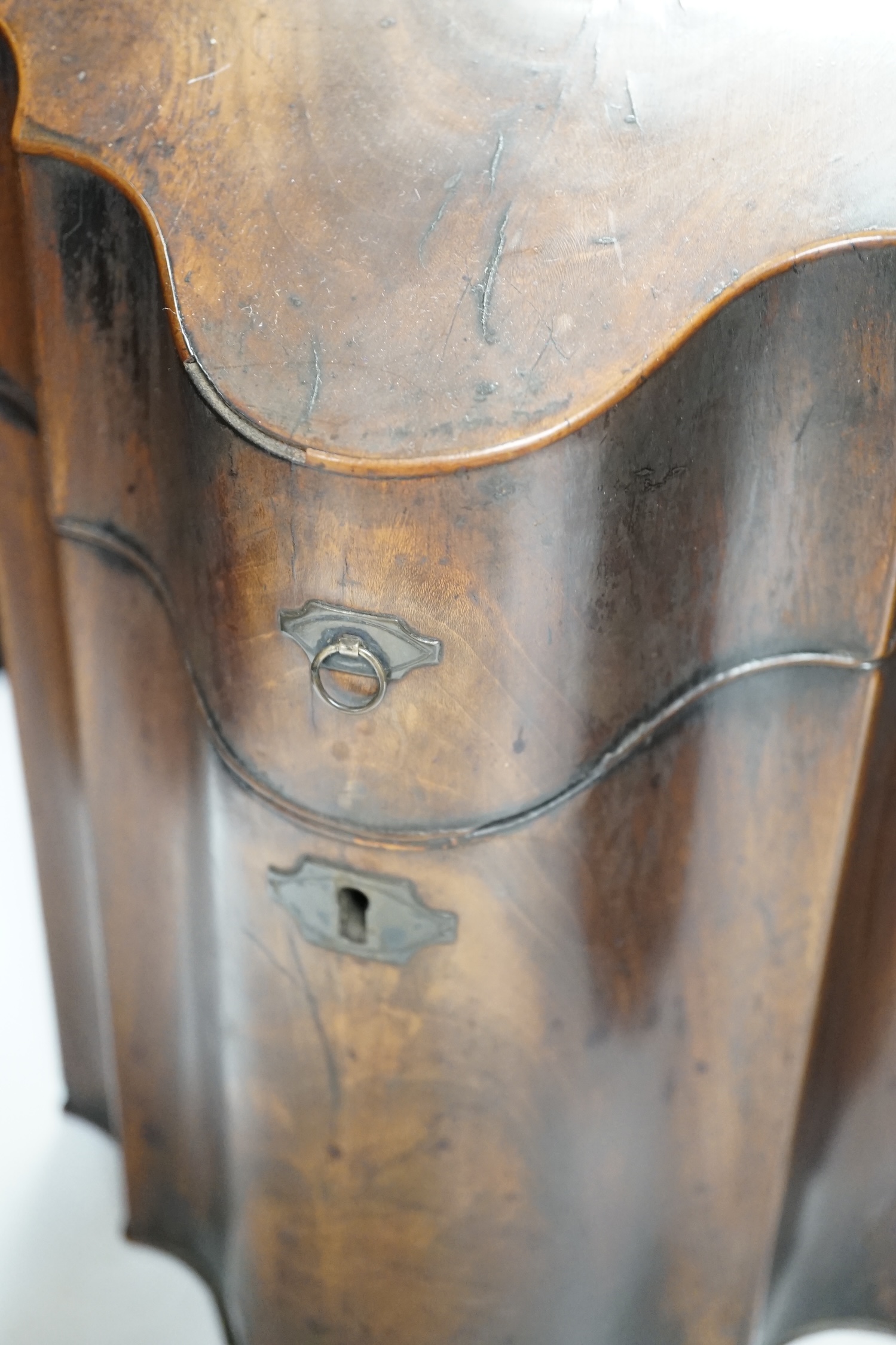A pair of George III mahogany knife boxes, 37cm tall. Condition - poor to fair